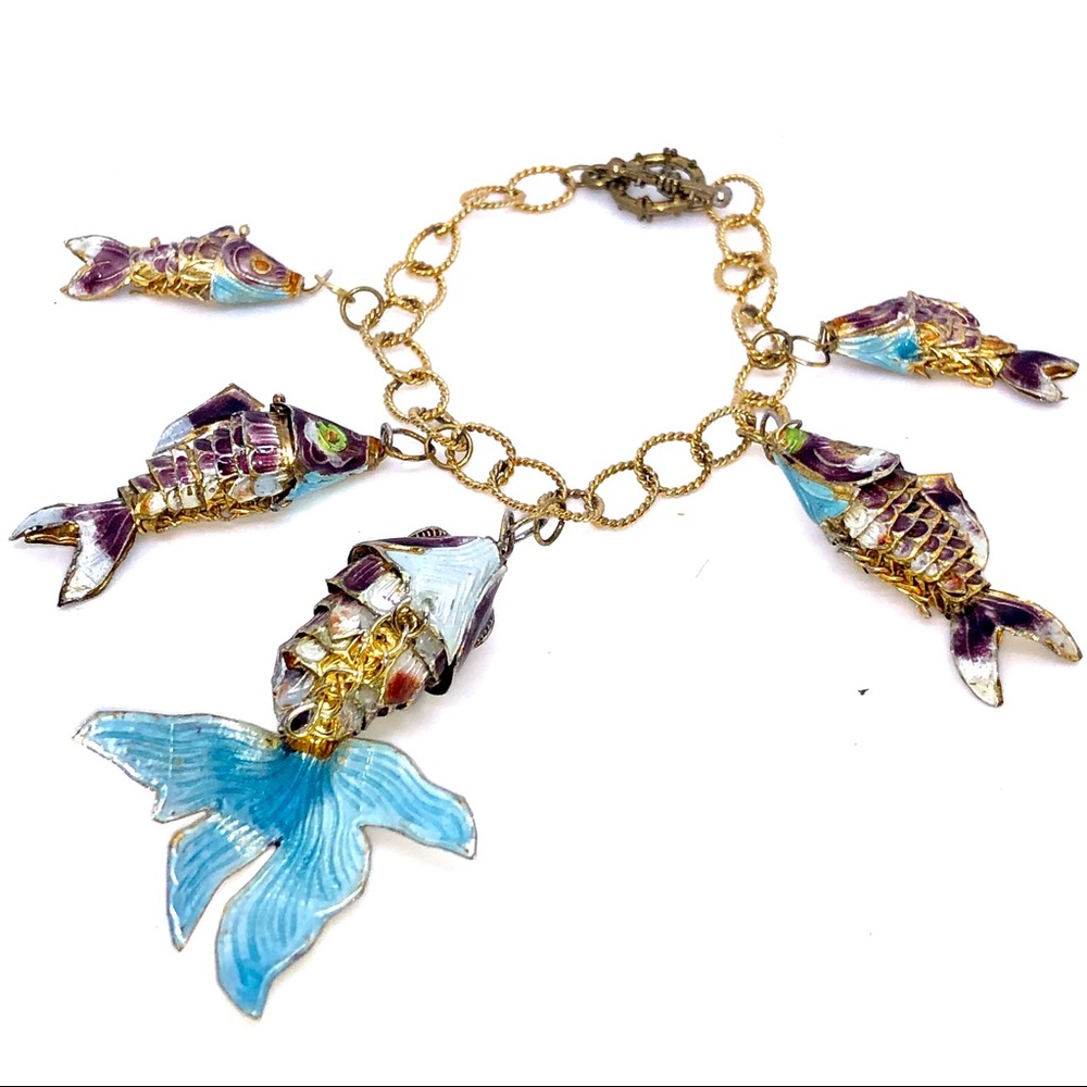 Custom gold colored bracelet with 5 cloisonne enamel articulated purple koi fish